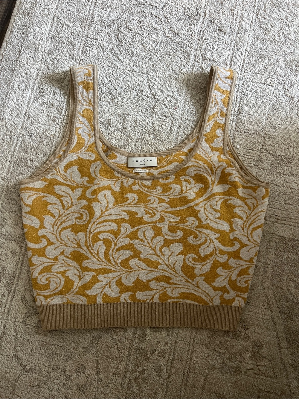 Sandro Mustard and Cream Baroque Jacquard Crop Top